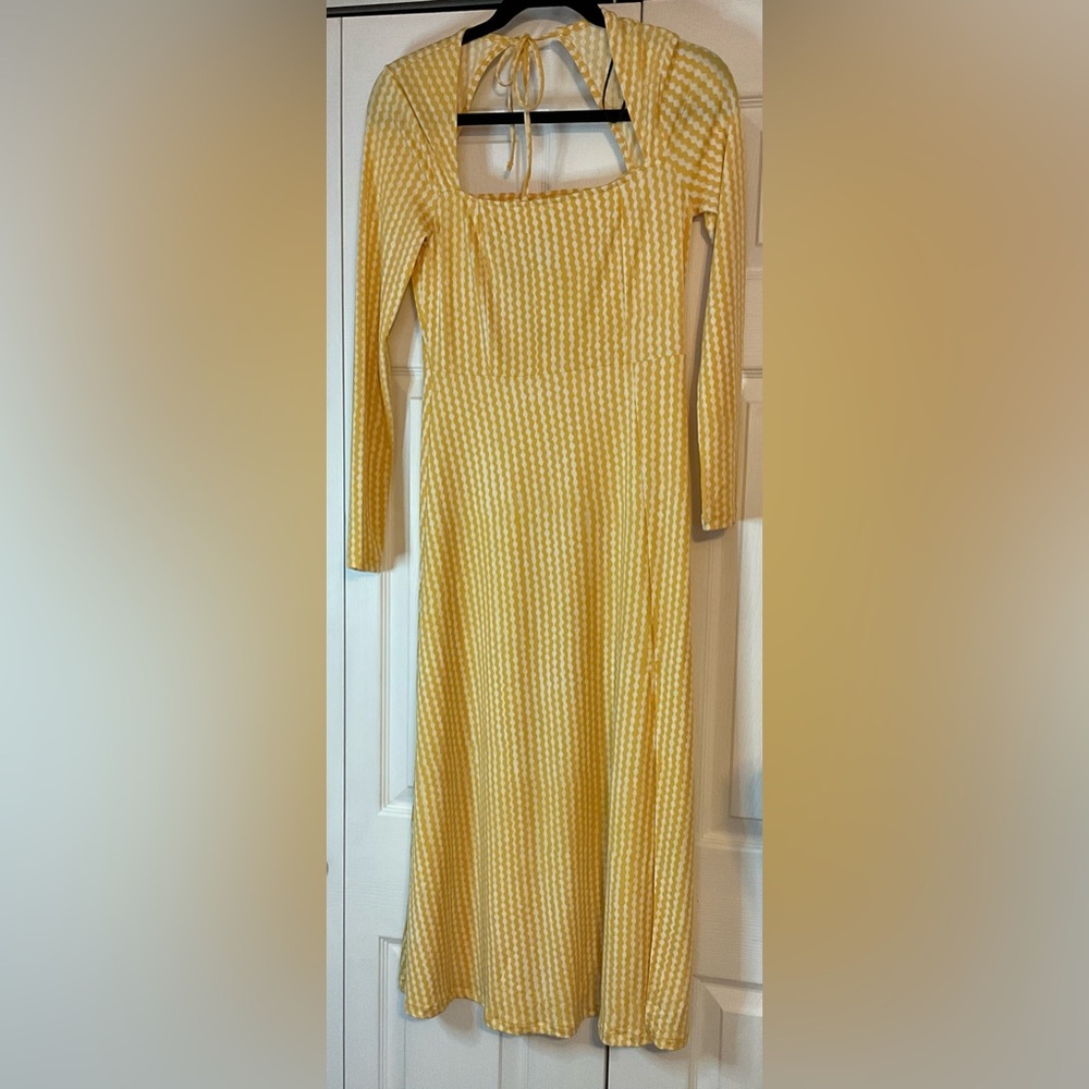 H & M Yellow White Maxi Dress Side Slit Small